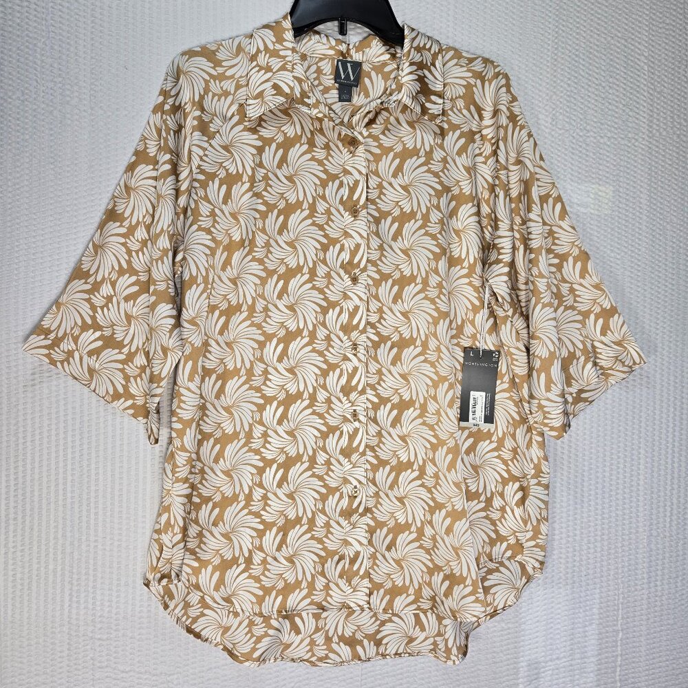 Worthington Tropical Women's Size L Button Up 3/4 Sleeve Gold & White Shirt NWT